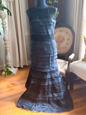 Kay Unger Silk Tiered Ruffle Maxi Gown, Slate Blue & Black, Size 2